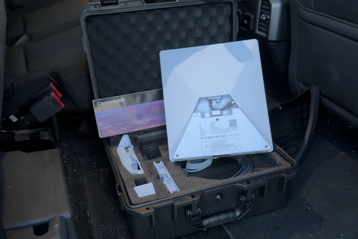 starlink mini in my truck showing off the PeakDo Battery.
